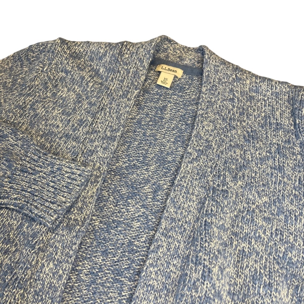 L.L.Bean Cotton Knit Open Front Cardigan Sweater, Blue White Speckled, XS